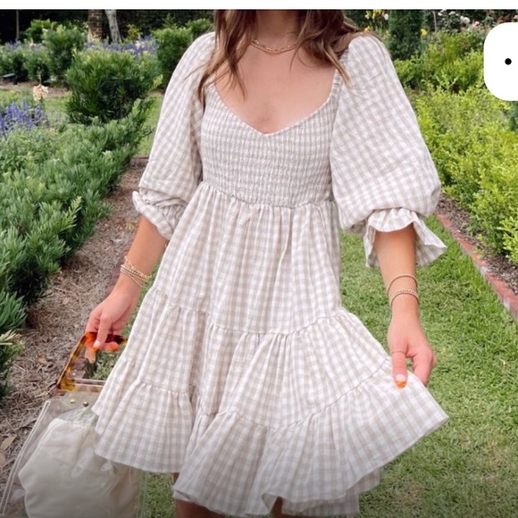 Mable Dresses & Skirts - MABLE Beige and white gingham Babydoll Dress/ size small